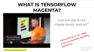 WHAT IS TENSORFLOW
MAGENTA?
Can we use A.I. to
create music and art?
youtu.be/vM5NaGoynjE?t=3s
TensorFlow is an open
source machine learning
platform.
 