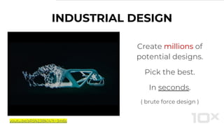 INDUSTRIAL DESIGN
Create millions of
potential designs.
Pick the best.
In seconds.
( brute force design )
youtu.be/aR5N2Jl8k14?t=3m6s
 