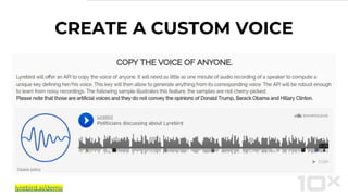 CREATE A CUSTOM VOICE
lyrebird.ai/demo
 