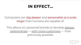 IN EFFECT...
Computers can dig deeper and personalize at a scale
larger than humans are capable of.
This allows A.I.-powered brands to develop deeper
relationships — with more customers — than
previously possible.
 