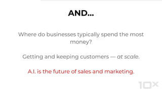 AND...
Where do businesses typically spend the most
money?
Getting and keeping customers — at scale.
A.I. is the future of sales and marketing.
 