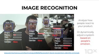 IMAGE RECOGNITION
popularmechanics.com/technology/a18636/facewatch-facial-recognition-identify-criminals
Analyze how
people react to
your product.
Or dynamically
adjust a system
based on
people’s
emotion.
 