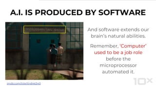 A.I. IS PRODUCED BY SOFTWARE
And software extends our
brain’s natural abilities.
Remember, ‘Computer’
used to be a job role
before the
microprocessor
automated it.
imdb.com/title/tt4846340
 