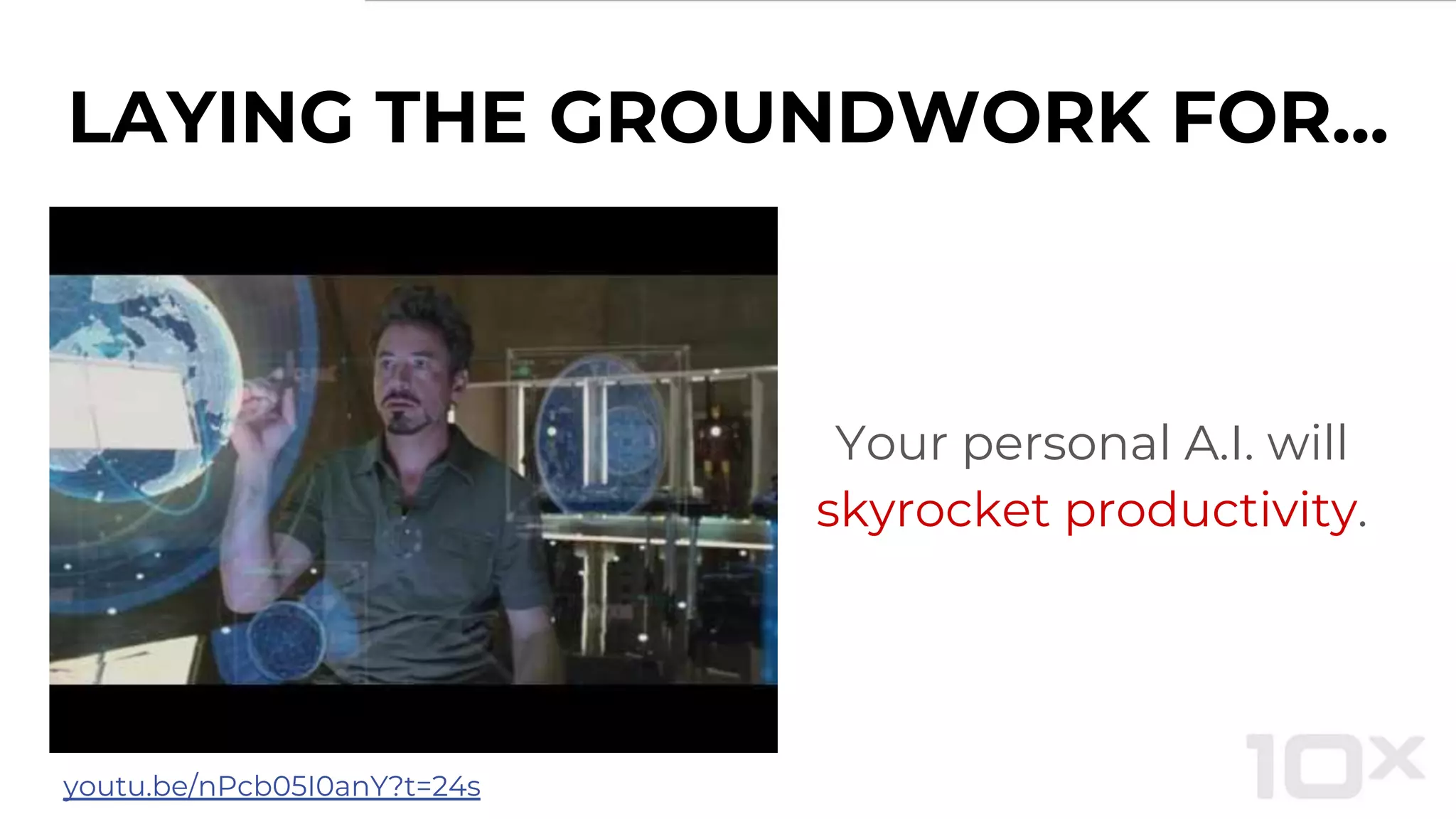 LAYING THE GROUNDWORK FOR...
Your personal A.I. will
skyrocket productivity.
youtu.be/nPcb05I0anY?t=24s
 