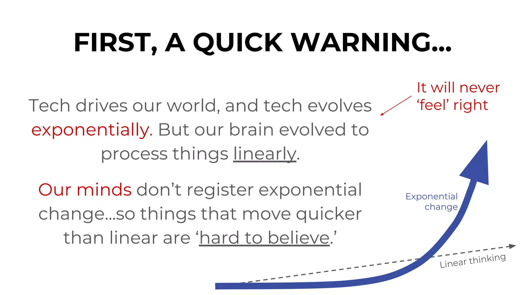 Linear thinking
Tech drives our world, and tech evolves
exponentially. But our brain evolved to
process things linearly.
Our minds don’t register exponential
change...so things that move quicker
than linear are ‘hard to believe.’
FIRST, A QUICK WARNING...
Exponential
change
It will never
‘feel’ right
 