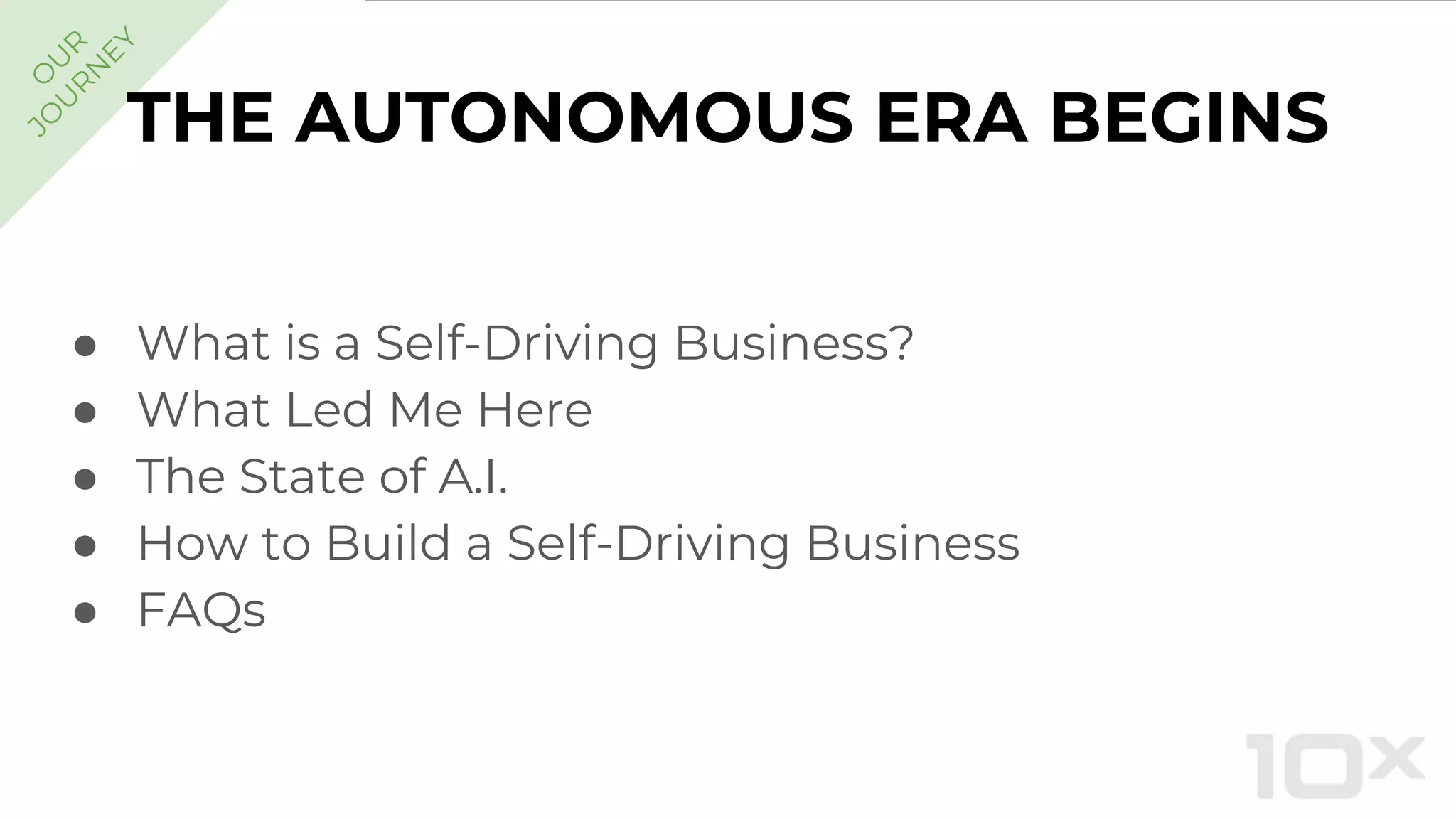 ● What is a Self-Driving Business?
● What Led Me Here
● The State of A.I.
● How to Build a Self-Driving Business
● FAQs
O
U
R
JO
U
R
N
EY
THE AUTONOMOUS ERA BEGINS
 