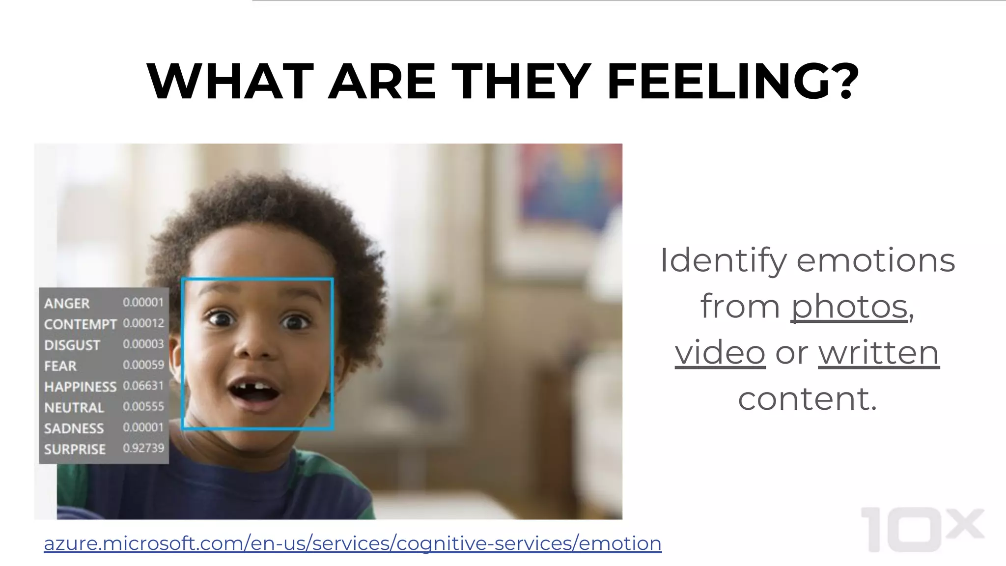 WHAT ARE THEY FEELING?
Identify emotions
from photos,
video or written
content.
azure.microsoft.com/en-us/services/cognitive-services/emotion
 