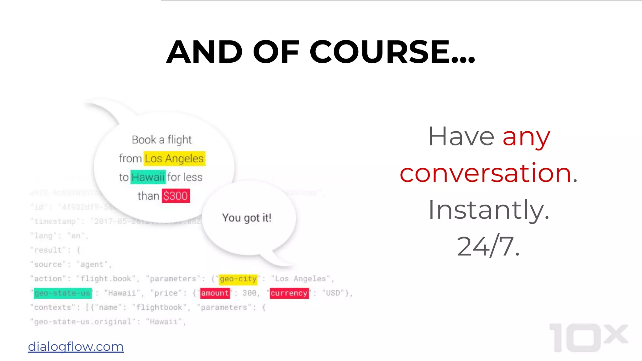 AND OF COURSE...
Have any
conversation.
Instantly.
24/7.
dialogflow.com
 