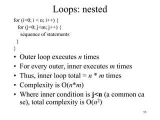 55
Loops: nested
for (i=0; i < n; i++) {
for (j=0; j<m; j++) {
sequence of statements
}
}
• Outer loop executes n times
• For every outer, inner executes m times
• Thus, inner loop total = n * m times
• Complexity is O(n*m)
• Where inner condition is j<n (a common ca
se), total complexity is O(n2)
 
