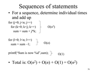 56
Sequences of statements
• For a sequence, determine individual times
and add up
for (j=0; j<n; j++)
for (k=0; k<j; k++)
sum = sum + j*k;
for (l=0; l<n; l++)
sum = sum –1;
printf(“Sum is now %d”,sum);
• Total is: O(n2) + O(n) + O(1) = O(n2)
O(n2)
O(n)
O(1)
 