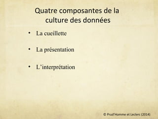 © Prud’Homme et Leclerc (2014)
Quatre composantes de la
culture des données
• La cueillette
• La présentation
• L’interprétation
 