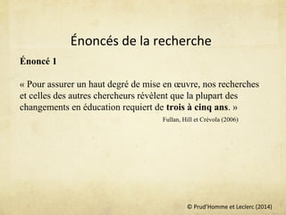 © Prud’Homme et Leclerc (2014)
Énoncés de la recherche
Énoncé 1
 
« Pour assurer un haut degré de mise en œuvre, nos recherches 
et celles des autres chercheurs révèlent que la plupart des 
changements en éducation requiert de trois à cinq ans. »
Fullan, Hill et Crévola (2006)
 