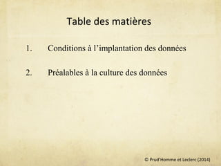 © Prud’Homme et Leclerc (2014)
Table des matières
1. Conditions à l’implantation des données
2. Préalables à la culture des données
 