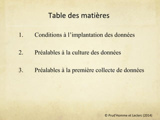 © Prud’Homme et Leclerc (2014)
Table des matières
1. Conditions à l’implantation des données
2. Préalables à la culture des données
3. Préalables à la première collecte de données
 