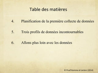 © Prud’Homme et Leclerc (2014)
Table des matières
4. Planification de la première collecte de données
5. Trois profils de données incontournables
6. Allons plus loin avec les données
 