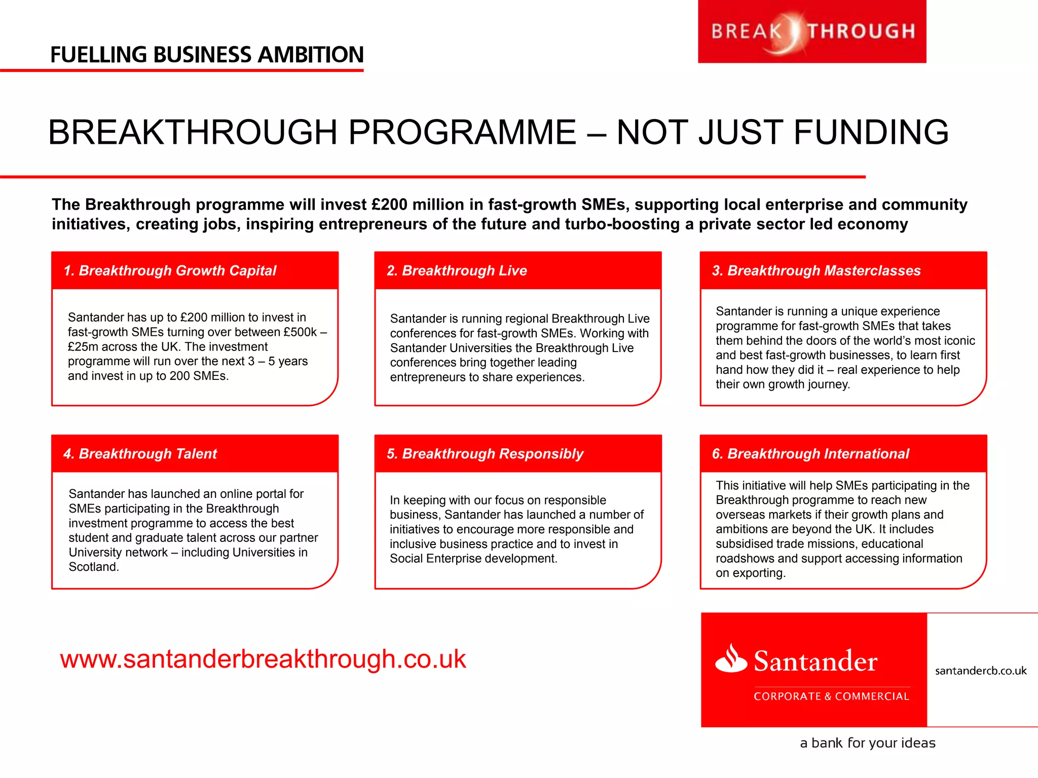 BREAKTHROUGH PROGRAMME – NOT JUST FUNDING
The Breakthrough programme will invest £200 million in fast-growth SMEs, supporting local enterprise and community
initiatives, creating jobs, inspiring entrepreneurs of the future and turbo-boosting a private sector led economy
This initiative will help SMEs participating in the
Breakthrough programme to reach new
overseas markets if their growth plans and
ambitions are beyond the UK. It includes
subsidised trade missions, educational
roadshows and support accessing information
on exporting.
Santander is running a unique experience
programme for fast-growth SMEs that takes
them behind the doors of the world’s most iconic
and best fast-growth businesses, to learn first
hand how they did it – real experience to help
their own growth journey.
In keeping with our focus on responsible
business, Santander has launched a number of
initiatives to encourage more responsible and
inclusive business practice and to invest in
Social Enterprise development.
Santander is running regional Breakthrough Live
conferences for fast-growth SMEs. Working with
Santander Universities the Breakthrough Live
conferences bring together leading
entrepreneurs to share experiences.
Santander has launched an online portal for
SMEs participating in the Breakthrough
investment programme to access the best
student and graduate talent across our partner
University network – including Universities in
Scotland.
Santander has up to £200 million to invest in
fast-growth SMEs turning over between £500k –
£25m across the UK. The investment
programme will run over the next 3 – 5 years
and invest in up to 200 SMEs.
1. Breakthrough Growth Capital
4. Breakthrough Talent
2. Breakthrough Live
5. Breakthrough Responsibly
3. Breakthrough Masterclasses
6. Breakthrough International
www.santanderbreakthrough.co.uk
 