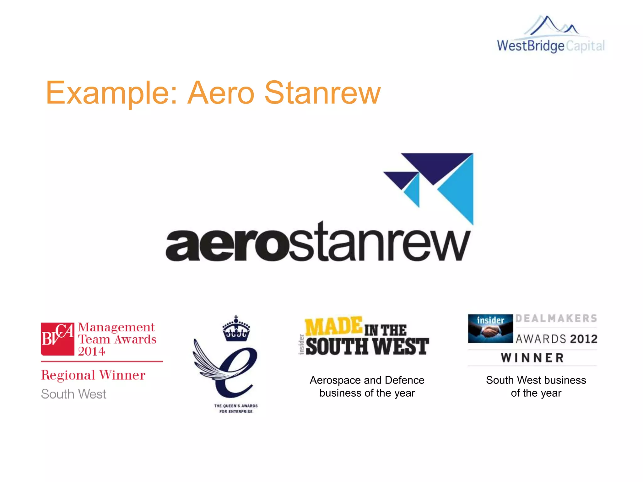Example: Aero Stanrew
Aerospace and Defence
business of the year
South West business
of the year
 