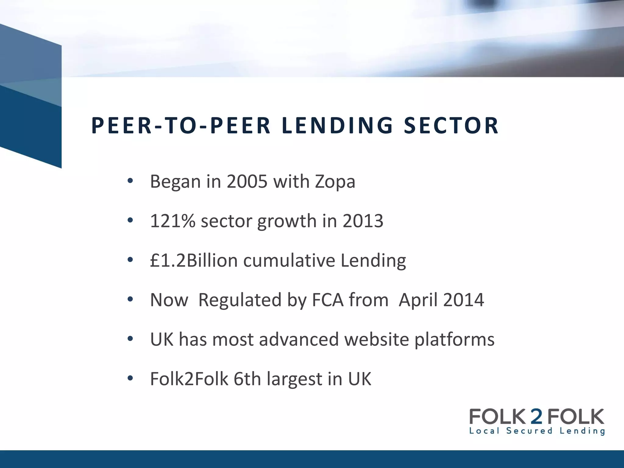 • Began in 2005 with Zopa
• 121% sector growth in 2013
• £1.2Billion cumulative Lending
• Now Regulated by FCA from April 2014
• UK has most advanced website platforms
• Folk2Folk 6th largest in UK
PEER-TO-PEER LENDING SECTOR
 