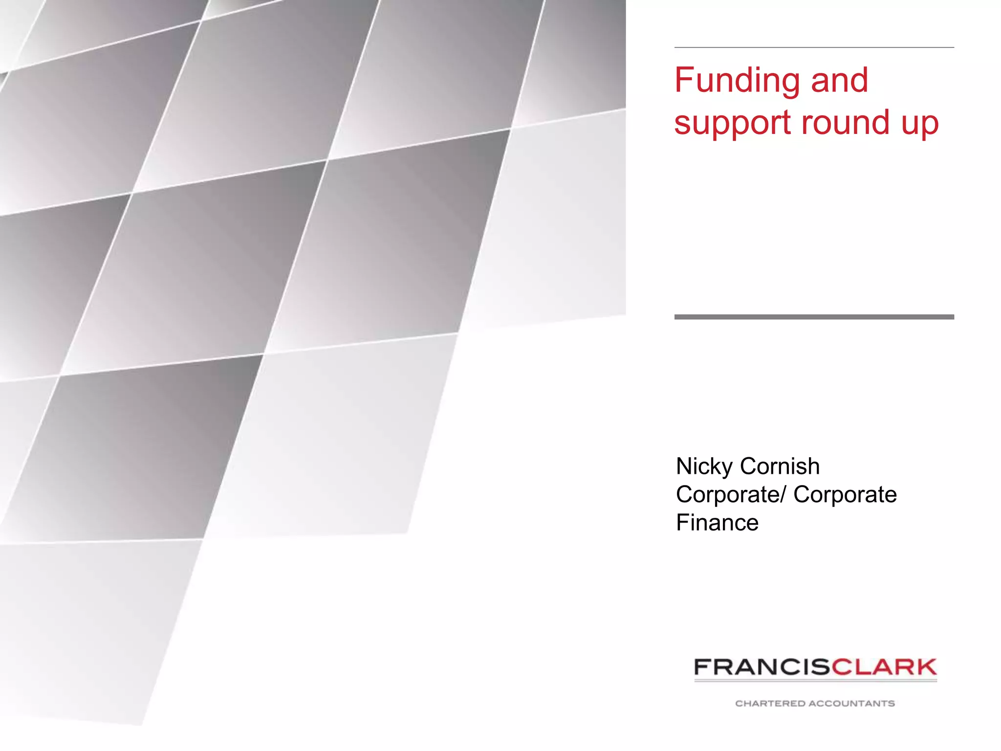 Funding and
support round up
Nicky Cornish
Corporate/ Corporate
Finance
 