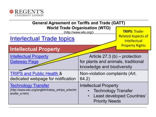 General Agreement on Tariffs and Trade (GATT) 
World Trade Organisation (WTO) 
(http://www.wto.org/) 
Interlectual Trade topics 
Intellectual Property 
Intellectual Property 
Gateway Page 
Article 27.3 (b) – protection 
for plants and animals, traditional 
knowledge and biodiversity 
TRIPS and Public Health & 
dedicated webpage for notification 
Non-violation complaints (Art. 
64.2) 
Technology Transfer 
(http://www.wto.org/english/tratop_e/trips_e/techtr 
ansfer_e.htm) 
Intellectual Property 
• Technology Transfer 
• Least developed Countries’ 
Priority Needs 
TRIPS: Trade- 
Related Aspects of 
Intellectual 
Property Rights 
 