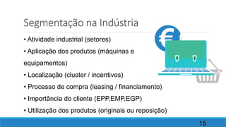 Segmentação na Indústria
15
• Atividade industrial (setores)
• Aplicação dos produtos (máquinas e
equipamentos)
• Localização (cluster / incentivos)
• Processo de compra (leasing / financiamento)
• Importância do cliente (EPP,EMP,EGP)
• Utilização dos produtos (originais ou reposição)
 