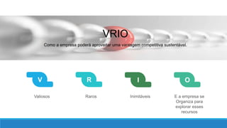 V R I O
Valiosos Raros Inimitáveis E a empresa se
Organiza para
explorar esses
recursos
VRIO
Como a empresa poderá aproveitar uma vantagem competitiva sustentável.
 