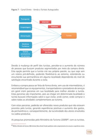 Figura 7 – Canal Direto - Venda a Turistas Autoguiados




Devido à mudança de perfil dos turistas, percebe-se o aumento do número
de pessoas que buscam produtos segmentados por meio da compra direta.
Esta opção permite que o turista crie seu próprio pacote, ou que viaje sem
um roteiro pré-definido, podendo flexibilizá-lo ao extremo, estendendo ou
encurtando sua permanência em alguma localidade dependendo do nível de
satisfação encontrado durante a visita.

Embora a compra possa ser feita de forma direta, sem uso de intermediários, é
recomendável que os equipamentos, transportadores e prestadores de serviços
em geral criem parcerias em sua localidade para melhor atender o turista.
Estas parcerias são importantes, pois ao chegar em determinada localidade o
turista buscará informações sobre o que visitar, onde comer, onde comprar e
sobre todas as atividades complementares ao turismo.

Com estas parcerias, poderão ser oferecidos novos produtos que não estavam
previstos pelo turista, gerando experiências positivas e aumento dos gastos,
da permanência e, conseqüentemente, da lucratividade dos atores envolvidos
na cadeia produtiva.

As pesquisas promovidas pelo Ministério do Turismo (2009)62, com os turistas,

62
     BRASIL, Ministério do Turismo; IMB, Instituto Marca Brasil. Estudo qualitativo sobre comportamentos de consumo e experiências memo-



                                                                                                                                           115
 