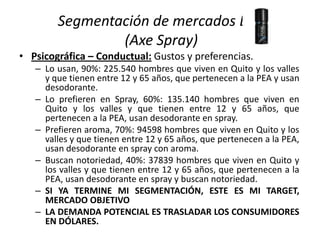 Segmentación de mercados B2C
(Axe Spray)
• Psicográfica – Conductual: Gustos y preferencias.
– Lo usan, 90%: 225.540 hombres que viven en Quito y los valles
y que tienen entre 12 y 65 años, que pertenecen a la PEA y usan
desodorante.
– Lo prefieren en Spray, 60%: 135.140 hombres que viven en
Quito y los valles y que tienen entre 12 y 65 años, que
pertenecen a la PEA, usan desodorante en spray.
– Prefieren aroma, 70%: 94598 hombres que viven en Quito y los
valles y que tienen entre 12 y 65 años, que pertenecen a la PEA,
usan desodorante en spray con aroma.
– Buscan notoriedad, 40%: 37839 hombres que viven en Quito y
los valles y que tienen entre 12 y 65 años, que pertenecen a la
PEA, usan desodorante en spray y buscan notoriedad.
– SI YA TERMINE MI SEGMENTACIÓN, ESTE ES MI TARGET,
MERCADO OBJETIVO
– LA DEMANDA POTENCIAL ES TRASLADAR LOS CONSUMIDORES
EN DÓLARES.

 