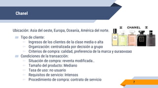 Chanel
7
Ubicación: Asia del oeste, Europa, Oceanía, América del norte.
▰ Tipo de cliente:
▻ Ingresos de los clientes de la clase media o alta
▻ Organización: centralizada por decisión a grupo
▻ Criterios de compra: calidad, preferencia de la marca y durabilidad
▰ Condiciones de la transacción:
▻ Situación de compra: reventa modificada..
▻ Tamaño del producto: Mediano
▻ Tasa de uso: no usuario
▻ Requisitos de servicio: Intensos
▻ Procedimiento de compra: contrato de servicio
 