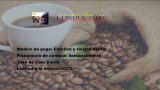  Medios de pago: Efectivo y tarjeta debito
 Frecuencia de compra: Semanalmente
 Tasa de Uso: Diario
 Lealtad a la marca: 100%
 