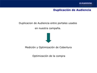 Duplicación de Audiencia Medición y Optimización de Cobertura Optimización de la compra Duplicacion de Audiencia entre portales usados  en nuestra campaña.  