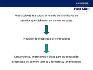 Post Click Medición de efectividad sitios/secciones Conversiones, impresiones y clicks para su generación Efectividad de banners (temas y formatos)y landing pages Mide acciones realizadas en el sitio del anunciante de  usuarios que clickearon un banner en pauta 