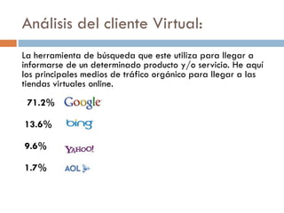 Análisis del cliente Virtual:
La herramienta de búsqueda que este utiliza para llegar a
informarse de un determinado producto y/o servicio. He aquí
los principales medios de tráfico orgánico para llegar a las
tiendas virtuales online.
71.2%
13.6%
9.6%
1.7%
 