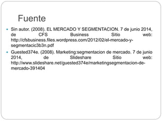 Fuente
 Sin autor. (2008). EL MERCADO Y SEGMENTACION. 7 de junio 2014,
de CFS Business Sitio web:
http://cfsbusiness.files.wordpress.com/2012/02/el-mercado-y-
segmentacic3b3n.pdf
 Guested374e. (2008). Marketing:segmentacion de mercado. 7 de junio
2014, de Slideshare Sitio web:
http://www.slideshare.net/guested374e/marketingsegmentacion-de-
mercado-391404
 