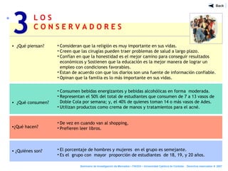 L O S
C O N S E R V A D O R E S
• ¿Qué piensan?
• ¿Qué consumen?
•¿Qué hacen?
• ¿Quiénes son?
• Consideran que la religión es muy importante en sus vidas.
• Creen que las cirugías pueden traer problemas de salud a largo plazo.
• Confían en que la honestidad es el mejor camino para conseguir resultados
económicos y Sostienen que la educación es la mejor manera de lograr un
empleo con condiciones favorables.
• Estan de acuerdo con que los diarios son una fuente de información confiable.
• Opinan que la familia es lo más importante en sus vidas.
• Consumen bebidas energizantes y bebidas alcohólicas en forma moderada.
• Representan el 50% del total de estudiantes que consumen de 7 a 13 vasos de
Doble Cola por semana; y, el 40% de quienes toman 14 o más vasos de Ades.
• Utilizan productos como crema de manos y tratamientos para el acné.
• De vez en cuando van al shopping,
• Prefieren leer libros.
• El porcentaje de hombres y mujeres en el grupo es semejante.
• Es el grupo con mayor proporción de estudiantes de 18, 19, y 20 años.
3
Seminario de Investigación de Mercados – FACEA – Universidad Católica de Córdoba - Derechos reservados ® 2007
 