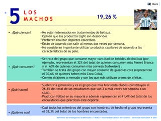 L O S
M A C H O S 19,26 %
• ¿Qué piensan?
• ¿Qué consumen?
• ¿Qué hacen?
• ¿Quiénes son?
• No están interesados en tratamientos de belleza.
• Opinan que los productos Light son desabridos.
• Prefieren realizar deportes colectivos.
• Están de acuerdo con salir al menos dos veces por semana.
• No consideran importante utilizar productos capilares de acuerdo a las
características de su pelo.
• Se trata del grupo que consume mayor cantidad de bebidas alcohólicas (por
ejemplo, representan el 32% del total de quienes consumen más Fernet Branca
y el 60% de quienes consumen más cerveza Budweiser) .
• También se trata del grupo con mayor consumo de gaseosas cola (representan
el 30,6% de quienes beben más Coca Cola).
• Comen alfajores a menudo y son los que más utilizan crema de afeitar.
• Suelen ir a gimnasios y es el grupo que más frecuenta clubes (constituyen el
26,8% del total de los estudiantes que van 2 o más veces por semana a un
club).
• Practican fútbol en su mayoría y además representan el 41,4% del total de los
encuestados que practican este deporte.
• Casi todos los miembros del grupo son hombres; de hecho el grupo representa
el 38,3% del total de los hombres encuestados.
5
Seminario de Investigación de Mercados – FACEA – Universidad Católica de Córdoba - Derechos reservados ® 2007
 