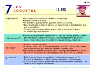 L O S
C O Q U E T O S 15,85%
• ¿Qué piensan?
• ¿Qué consumen?
•¿Qué hacen?
• ¿Quiénes son?
• Se interesan en tratamientos de belleza y maquillaje.
• Les gustaría leer más libros.
• No consideran que los varones que usan cremas sean tontos.
• Están totalmente de acuerdo con que los tratamientos de belleza hacen que
uno se sienta bien.
• Son quienes se muestran más de acuerdo ante la afirmación de que la
tecnología llegó para quedarse.
• Utilizan a diario perfume (representan el 19,8% del total de quienes utilizan
perfume más de 8 veces a la semana), acondicionador (20,9% del total de
quienes más emplean este producto), crema para manos y maquillaje.
• Asisten a eventos culturales.
• A menudo van al cine, al gimnasio (representan el 21,7% del total de quienes
van al gimnasio más de 2 veces por semana). Escuchan radio.
• Es el grupo que con más frecuencia va de shopping (representan el 35,9% del
total de los estudiantes que van al shopping más de 2 veces por semana).
• Es el grupo con mayor porcentaje de estudiantes orientados a las Cs
Económicas (representa el 28,8% de quienes estudian Cs. Económicas).
• Son muchas más mujeres que hombres; de hecho el grupo representa el 23,6%
del total de las mujeres encuestadas.
7
Seminario de Investigación de Mercados – FACEA – Universidad Católica de Córdoba - Derechos reservados ® 2007
 