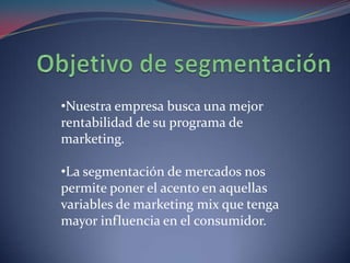 Tres estrategias de segmentación internacional	Grupo de paises homogéneos: El mercado se segmenta a priori utilizando la variable geográfica y luego otras: se dividen los países en grupos homogéneos basándose en el hecho de que un mix de Marketing puede ser válido en varios países (por ejemplo por similitudes culturales, dialectos, etc).