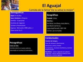 El Aguajal
Comida de la Selva”De la selva lo mejor”
Demográficas
Edad:25-50 años

Geográficas

Sexo: Hombres y Mujeres

Ciudad :Lima

Familias +3 personas

Distritos:

Hombres de negocios

San Borja, Los Olivos, Jesús María ,

Turistas y Provincianos

San Martin de Porras

Ingresos Mensuales 1000 soles a +

Capacidad/Tamaño: 100 -150

Clase social :B y C:

clientes por turno/día

Conductuales

Psicográficas

Ocasión de Compra:
Fines de semana y diariamente

Estilo de Vida:

Almuerzos ,cenas y fiestas

Familiar, abierto a nuevos sabores,

Cumpleaños, reuniones familiares y eventos
empresariales

Interesado en la selva y la naturaleza

Beneficios : Cocina regional con sabores
originales, cultura selvática tropical, buen
ambiente y música regional

 