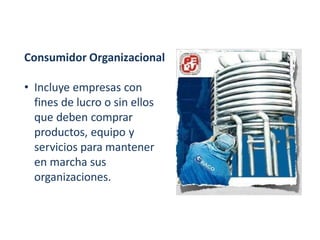 Consumidor Organizacional
• Incluye empresas con
fines de lucro o sin ellos
que deben comprar
productos, equipo y
servicios para mantener
en marcha sus
organizaciones.
 