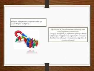 Definición de las políticas de marketing para
cada segmento considerado:
Escogido el segmento o segmentos, queda por definir
el producto / s a proponer, su precio, los canales de
distribución a utilizar, la forma de venta, la política de
comunicación, etc.
Elección del segmento o segmentos a los que
quiere dirigirse la empresa
 