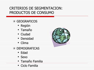 CRITERIOS DE SEGMENTACION: PRODUCTOS DE CONSUMO GEOGRAFICOS Región Tamaño Ciudad Densidad Clima DEMOGRAFICAS Edad Sexo Tamaño Familia Ciclo Familia 