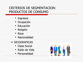 CRITERIOS DE SEGMENTACION: PRODUCTOS DE CONSUMO Ingresos Ocupación Educación Religión Raza Nacionalidad SICOGRAFICAS Clase Social Estilo de Vida Personalidad 