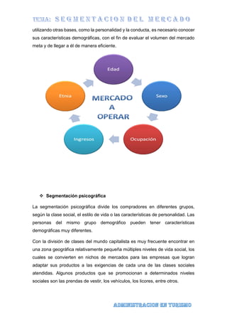 utilizando otras bases, como la personalidad y la conducta, es necesario conocer
sus características demográficas, con el fin de evaluar el volumen del mercado
meta y de llegar a él de manera eficiente.
 Segmentación psicográfica
La segmentación psicográfica divide los compradores en diferentes grupos,
según la clase social, el estilo de vida o las características de personalidad. Las
personas del mismo grupo demográfico pueden tener características
demográficas muy diferentes.
Con la división de clases del mundo capitalista es muy frecuente encontrar en
una zona geográfica relativamente pequeña múltiples niveles de vida social, los
cuales se convierten en nichos de mercados para las empresas que logran
adaptar sus productos a las exigencias de cada una de las clases sociales
atendidas. Algunos productos que se promocionan a determinados niveles
sociales son las prendas de vestir, los vehículos, los licores, entre otros.
 