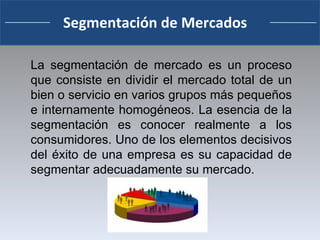 La segmentación de mercado es un proceso que consiste en dividir el mercado total de un bien o servicio en varios grupos más pequeños e internamente homogéneos. La esencia de la segmentación es conocer realmente a los consumidores. Uno de los elementos decisivos del éxito de una empresa es su capacidad de segmentar adecuadamente su mercado. Segmentación de Mercados 