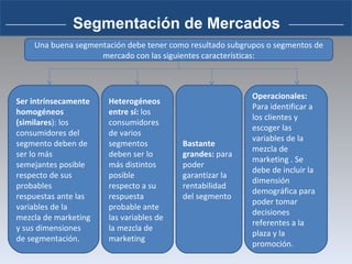 Segmentación de Mercados Una buena segmentación debe tener como resultado subgrupos o segmentos de mercado con las siguientes características: Ser intrínsecamente homogéneos (similares ): los consumidores del segmento deben de ser lo más semejantes posible respecto de sus probables respuestas ante las variables de la mezcla de marketing y sus dimensiones de segmentación. Heterogéneos entre sí:  los consumidores de varios segmentos deben ser lo más distintos posible respecto a su respuesta probable ante las variables de la mezcla de marketing Bastante grandes:  para poder garantizar la rentabilidad del segmento Operacionales:  Para identificar a los clientes y escoger las variables de la mezcla de marketing . Se debe de incluir la dimensión demográfica para poder tomar decisiones referentes a la plaza y la promoción. 