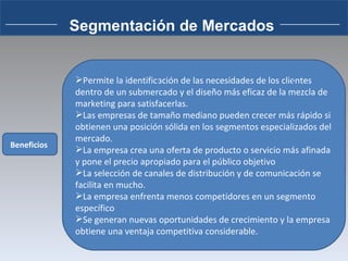 Segmentación de Mercados Beneficios  Permite la identificación de las necesidades de los clientes dentro de un submercado y el diseño más eficaz de la mezcla de marketing para satisfacerlas. Las empresas de tamaño mediano pueden crecer más rápido si obtienen una posición sólida en los segmentos especializados del mercado. La empresa crea una oferta de producto o servicio más afinada y pone el precio apropiado para el público objetivo La selección de canales de distribución y de comunicación se facilita en mucho. La empresa enfrenta menos competidores en un segmento específico Se generan nuevas oportunidades de crecimiento y la empresa obtiene una ventaja competitiva considerable.  