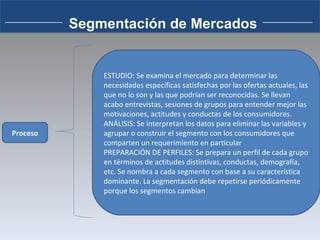 .  Segmentación de Mercados Proceso ESTUDIO: Se examina el mercado para determinar las necesidades específicas satisfechas por las ofertas actuales, las que no lo son y las que podrían ser reconocidas. Se llevan acabo entrevistas, sesiones de grupos para entender mejor las motivaciones, actitudes y conductas de los consumidores.  ANÁLISIS: Se interpretan los datos para eliminar las variables y agrupar o construir el segmento con los consumidores que comparten un requerimiento en particular PREPARACIÓN DE PERFILES: Se prepara un perfil de cada grupo en términos de actitudes distintivas, conductas, demografía, etc. Se nombra a cada segmento con base a su característica dominante. La segmentación debe repetirse periódicamente porque los segmentos cambian 