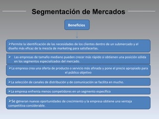 Las empresas de tamaño mediano pueden crecer más rápido si obtienen una posición sólida en los segmentos especializados del mercado. Segmentación de Mercados Beneficios  Permite la identificación de las necesidades de los clientes dentro de un submercado y el diseño más eficaz de la mezcla de marketing para satisfacerlas. La empresa crea una oferta de producto o servicio más afinada y pone el precio apropiado para el público objetivo La selección de canales de distribución y de comunicación se facilita en mucho. La empresa enfrenta menos competidores en un segmento específico Se ge neran nuevas oportunidades de crecimiento y la empresa obtiene una ventaja competitiva considerable.  