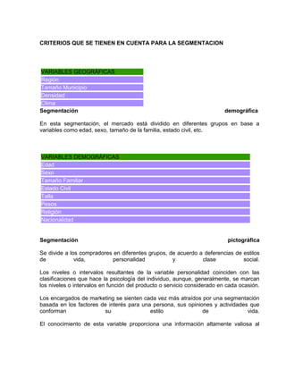 CRITERIOS QUE SE TIENEN EN CUENTA PARA LA SEGMENTACION




VARIABLES GEOGRÁFICAS
Región
Tamaño Municipio
Densidad
Clima
Segmentación                                                              demográfica

En esta segmentación, el mercado está dividido en diferentes grupos en base a
variables como edad, sexo, tamaño de la familia, estado civil, etc.



VARIABLES DEMOGRÁFICAS
Edad
Sexo
Tamaño Familiar
Estado Civil
Talla
Pesos
Religión
Nacionalidad


Segmentación                                                               pictográfica

Se divide a los compradores en diferentes grupos, de acuerdo a deferencias de estilos
de            vida,        personalidad            y          clase           social.

Los niveles o intervalos resultantes de la variable personalidad coinciden con las
clasificaciones que hace la psicología del individuo, aunque, generalmente, se marcan
los niveles o intervalos en función del producto o servicio considerado en cada ocasión.

Los encargados de marketing se sienten cada vez más atraídos por una segmentación
basada en los factores de interés para una persona, sus opiniones y actividades que
conforman               su                estilo              de               vida.

El conocimiento de esta variable proporciona una información altamente valiosa al
 